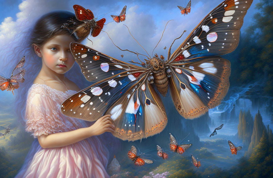 Young girl in pink dress with colossal butterfly in dreamy landscape