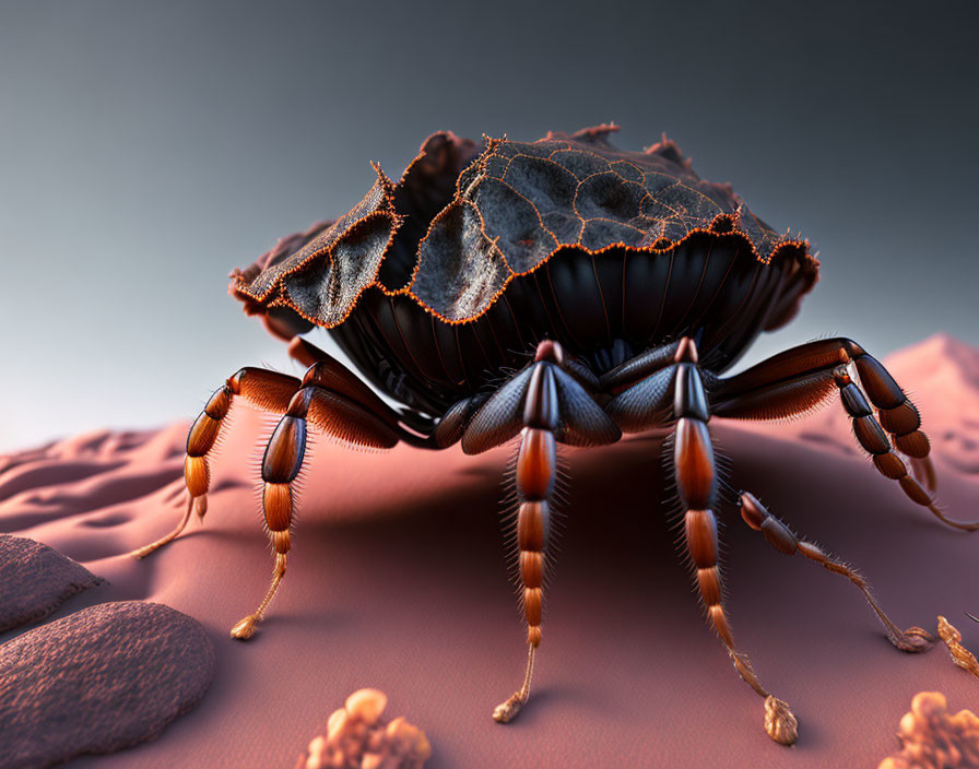 Stylized mechanical crab with orange highlights on desert backdrop