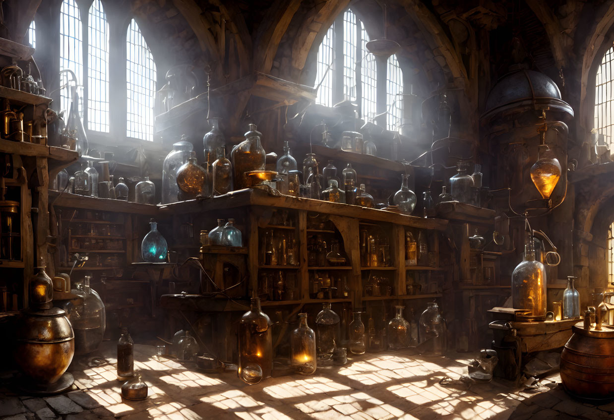 Sunlight-filled alchemical laboratory with bottles and flasks