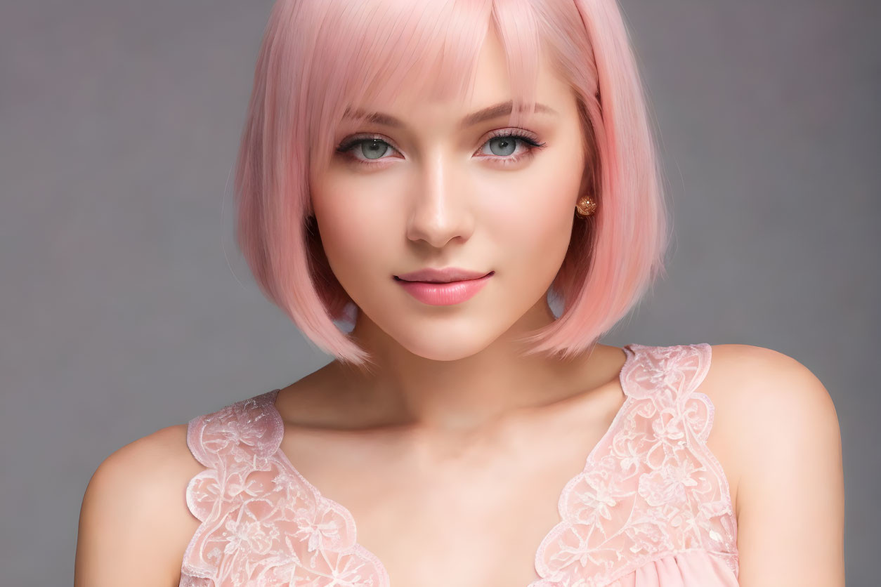 Pink-haired woman in lace dress smiling on grey backdrop