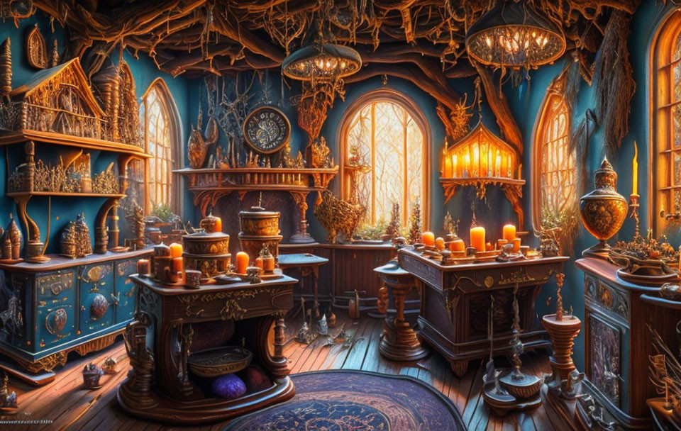 Fantastical study room with warm lighting and ornate wooden furniture