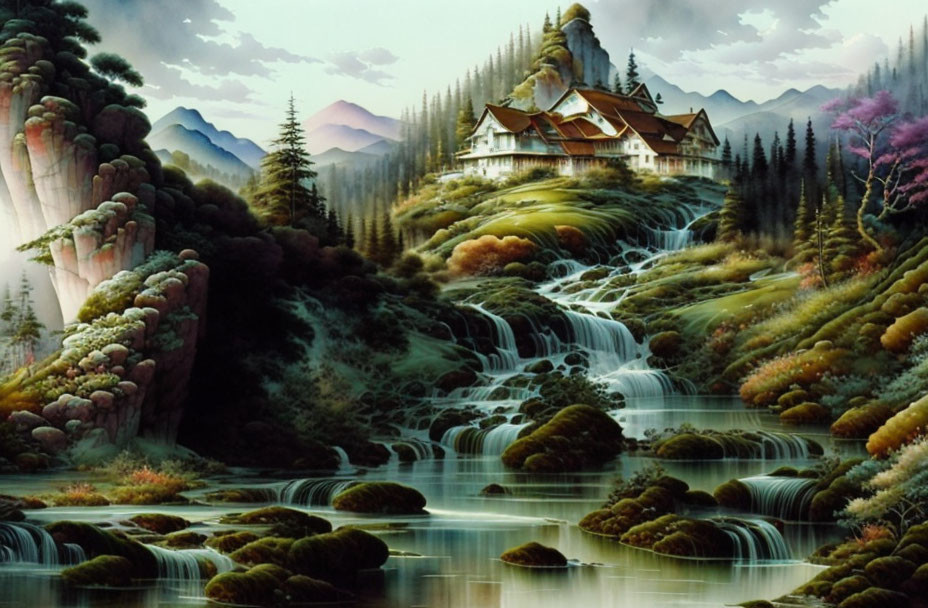 Scenic landscape painting: waterfall, greenery, mountain, cliff house