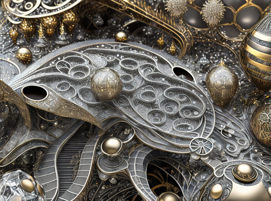 Detailed Metallic Fractal Art with Elaborate Swirls and Spheres