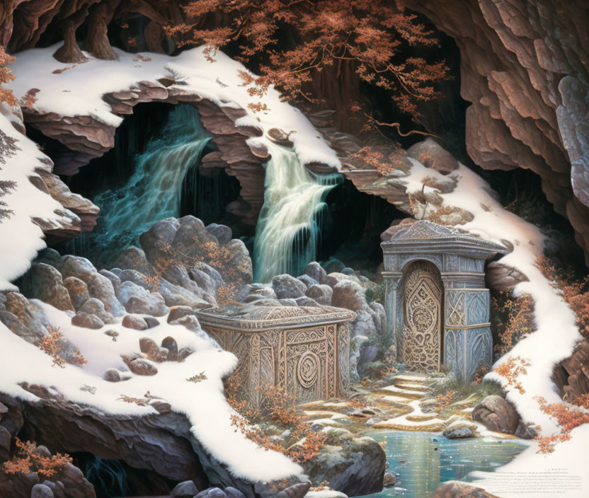 Mystical cave with waterfall, ornate gates, tranquil pool, snow-dusted rocks, autumn