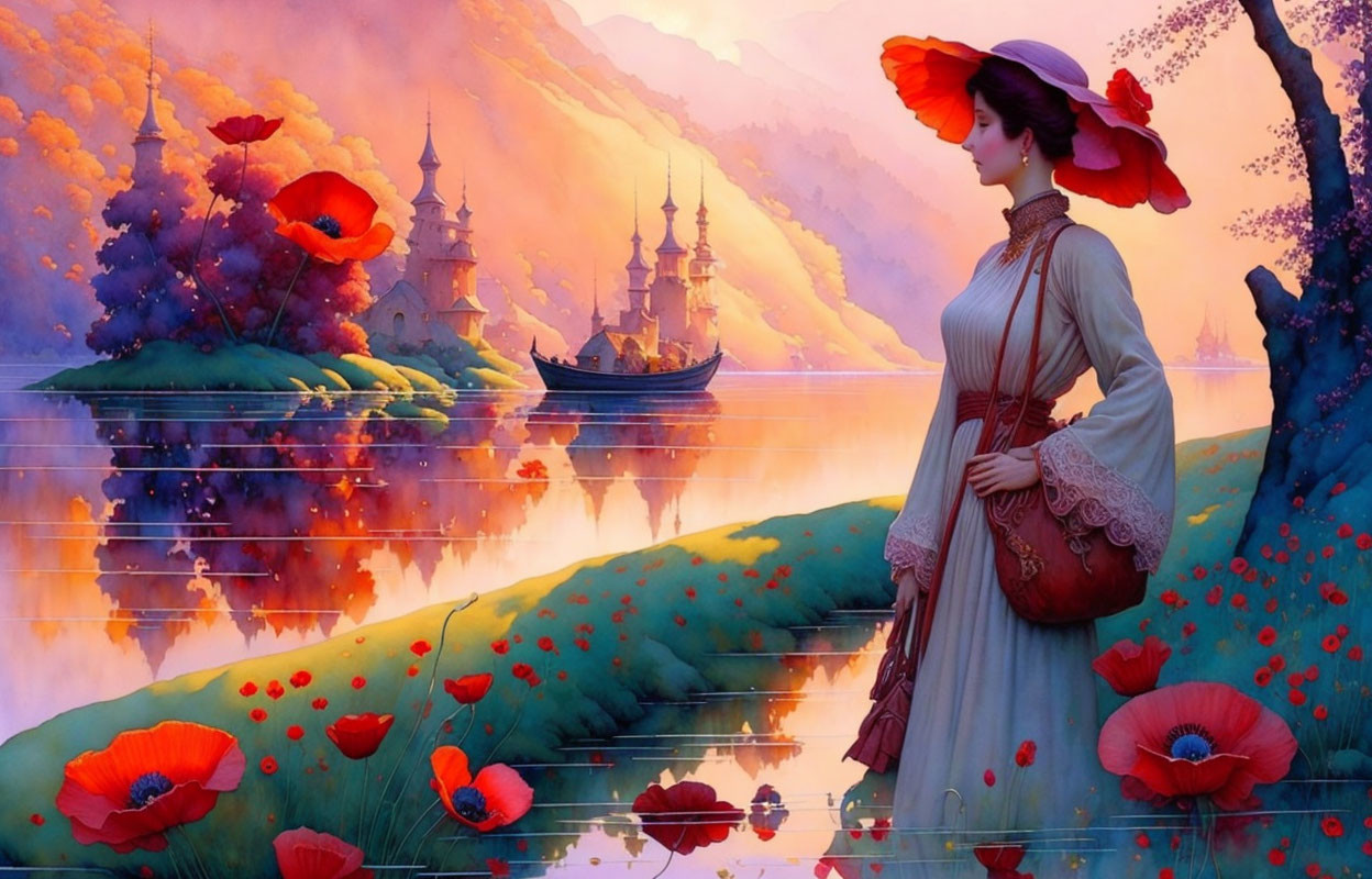 Vintage Attired Woman by Lake with Poppies and Oriental Buildings at Sunset