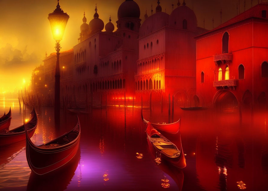 Mystical Venice-like city sunset with gondolas and red buildings