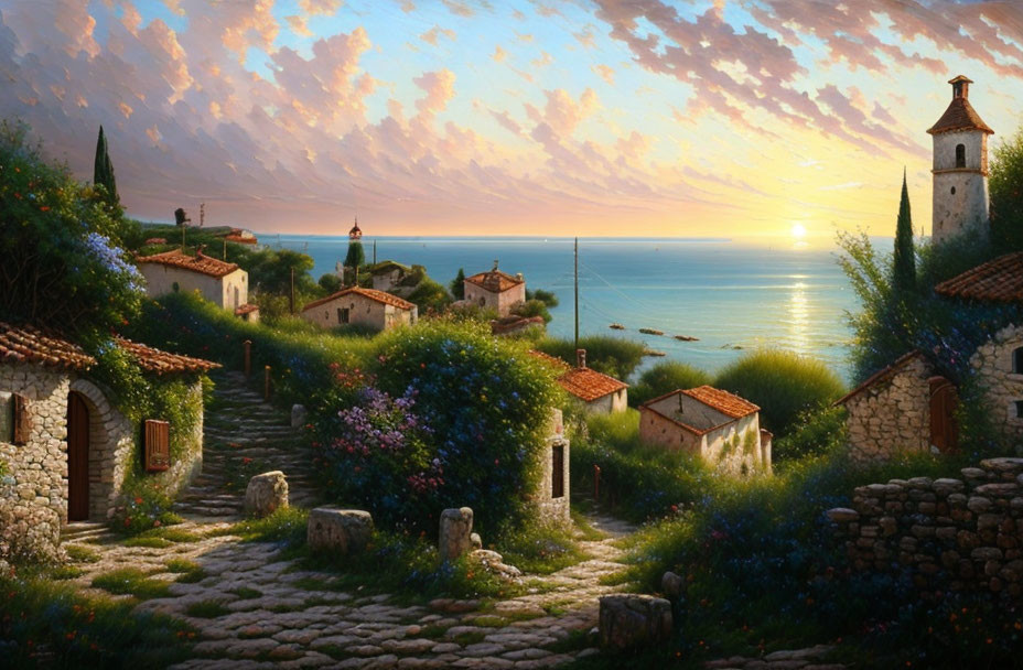 Tranquil coastal village at sunset with cobblestone paths and blooming flowers