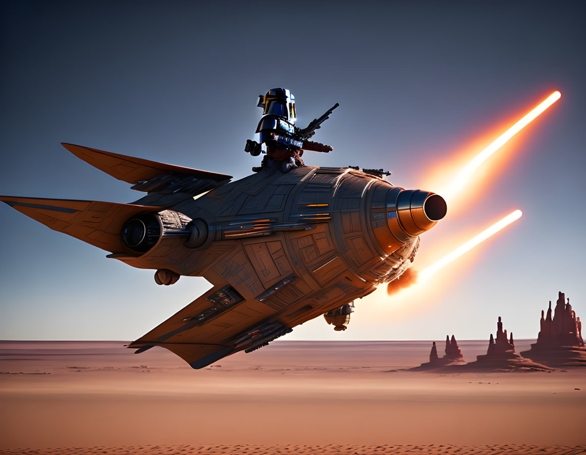 Futuristic spacecraft flying over desert landscape at sunset