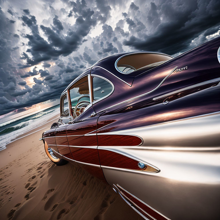 Vintage car with glossy finish and wood paneling on beach under dramatic sunset sky