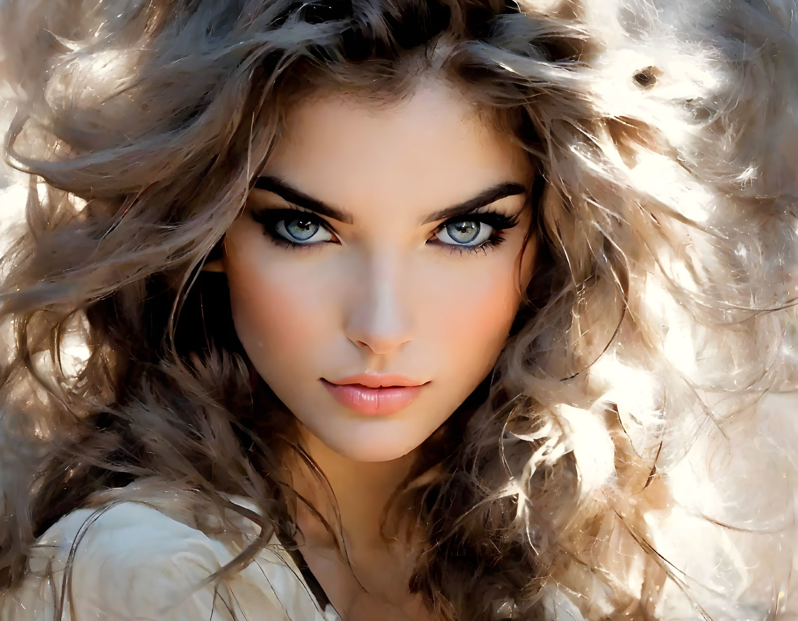 Woman with Voluminous Wavy Hair and Striking Blue Eyes