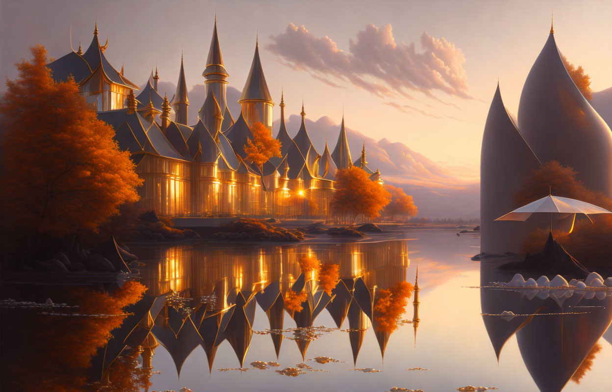 Golden castle with spires mirrored in lake, autumn trees, umbrella structures at sunset