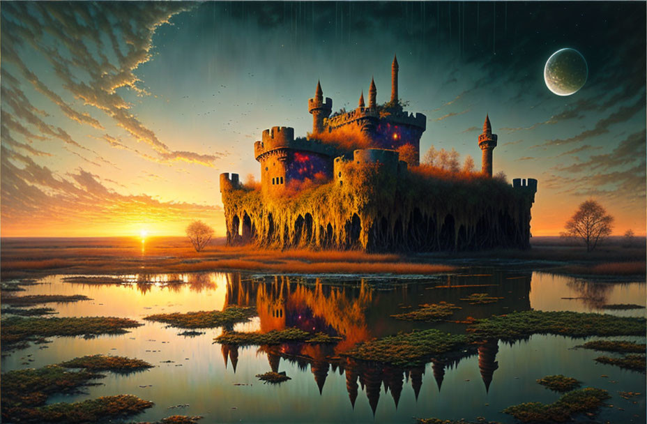 Fantasy castle at sunset with ivy, water, crescent moon, starry sky