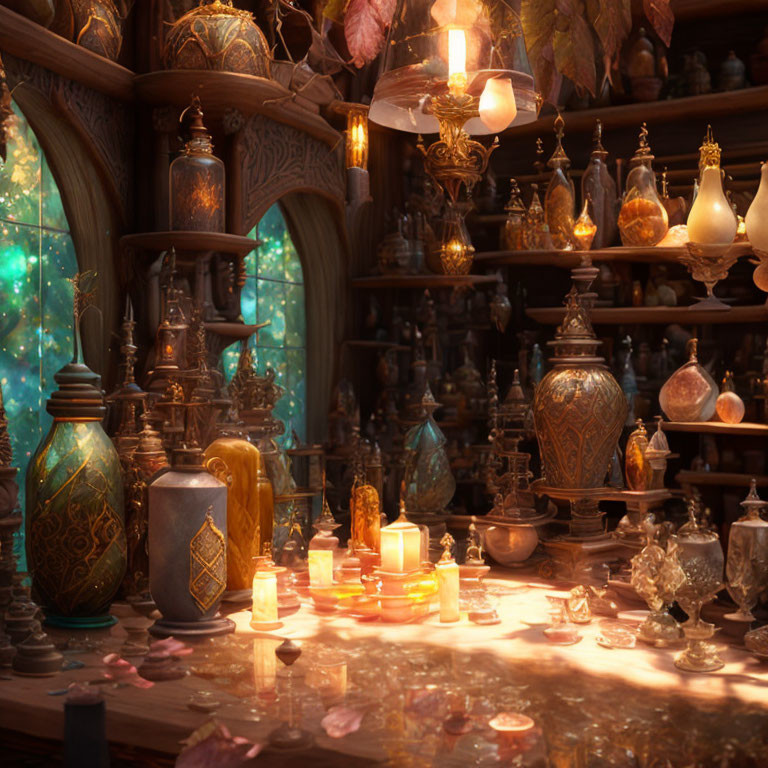 Mystical room with candles and magical bottles creates enchanting ambiance