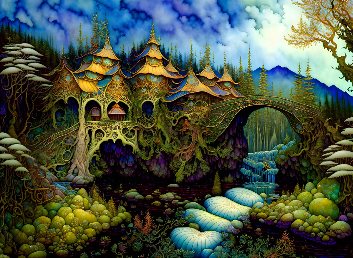 Elaborate fantasy landscape with golden-roofed palace and colorful vegetation