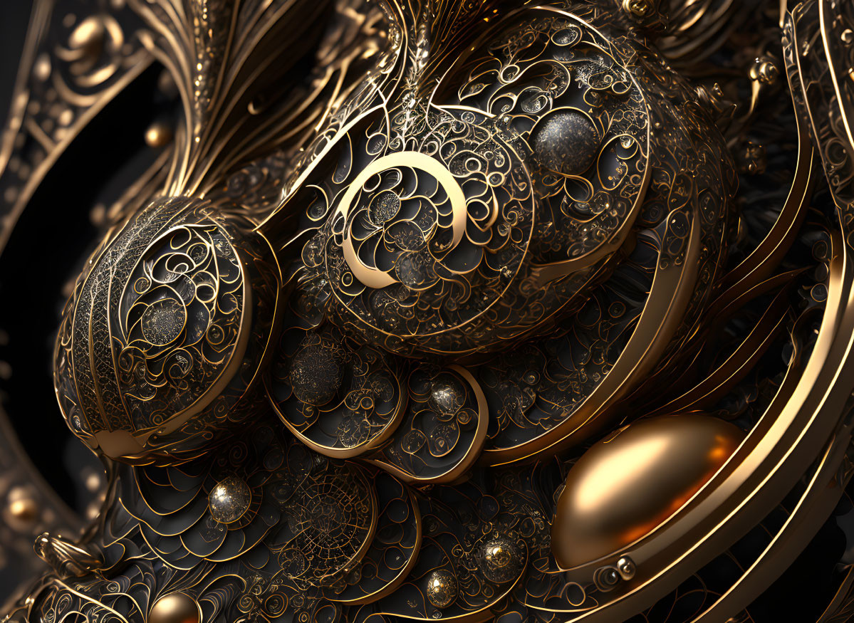 Golden filigree patterns on ornate eggs and spheres with baroque aesthetic