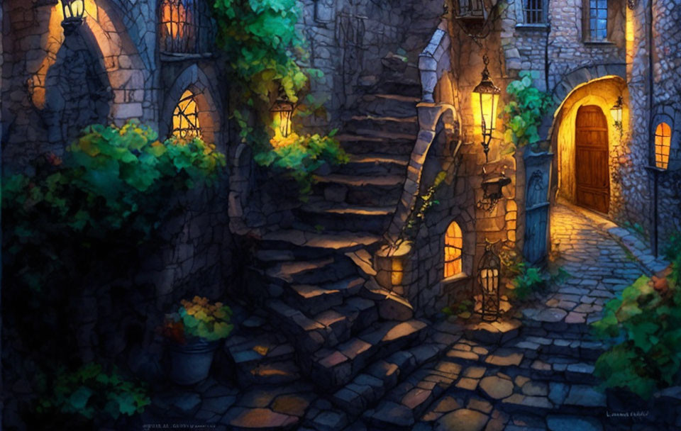 Old Stone Buildings and Cobblestone Alleyway at Twilight