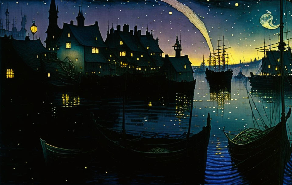 Harbor night scene with golden-lit houses, crescent moon, stars, calm water, ships