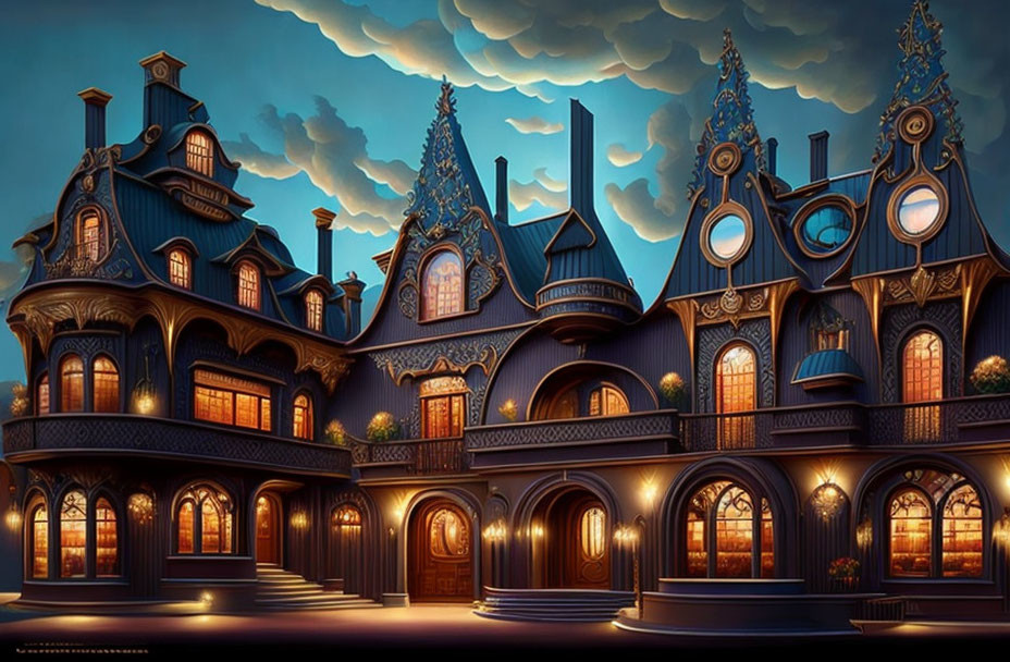 Elaborate House Design with Gables and Round Windows at Twilight