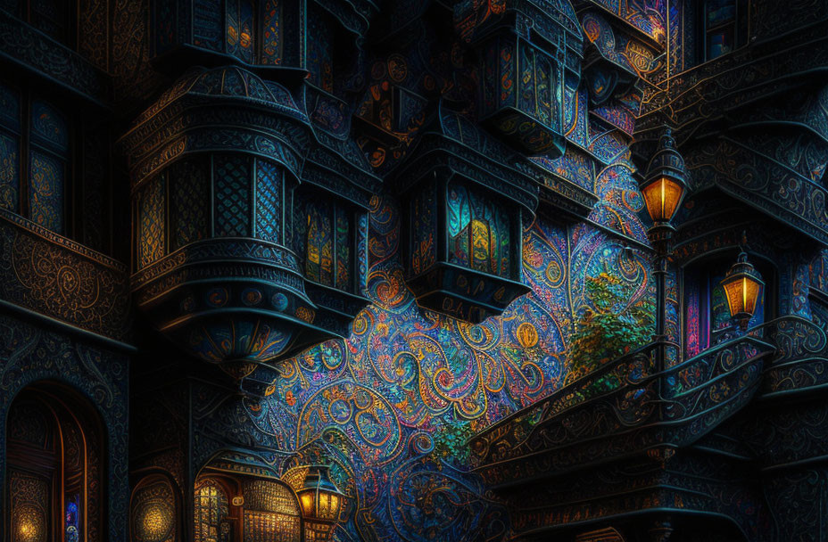 Intricate, dimly lit building with glowing lanterns and grand staircase