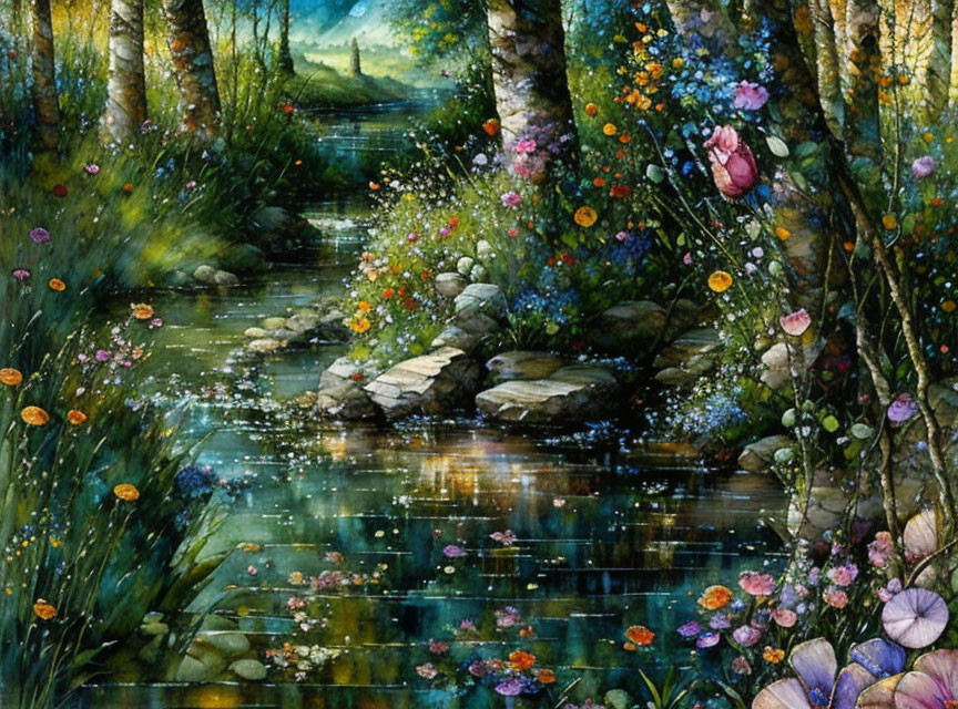 Serene forest stream watercolor painting with vibrant colors