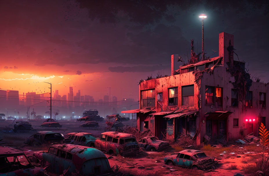 Abandoned cityscape with dilapidated buildings and cars at dusk