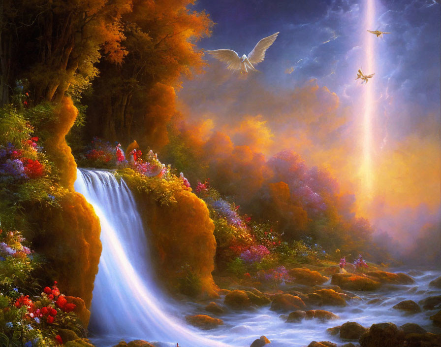 Ethereal waterfall in lush foliage with birds and sunlight