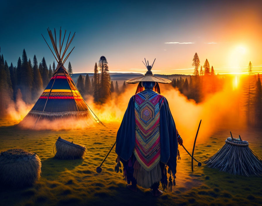 Native American person in traditional attire near tepee at sunrise in misty forest