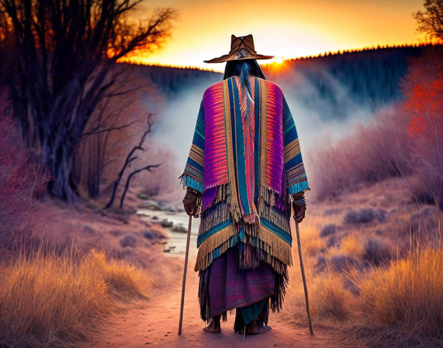 Person in traditional woven attire on trail at sunset with misty landscape, trees, vibrant sky