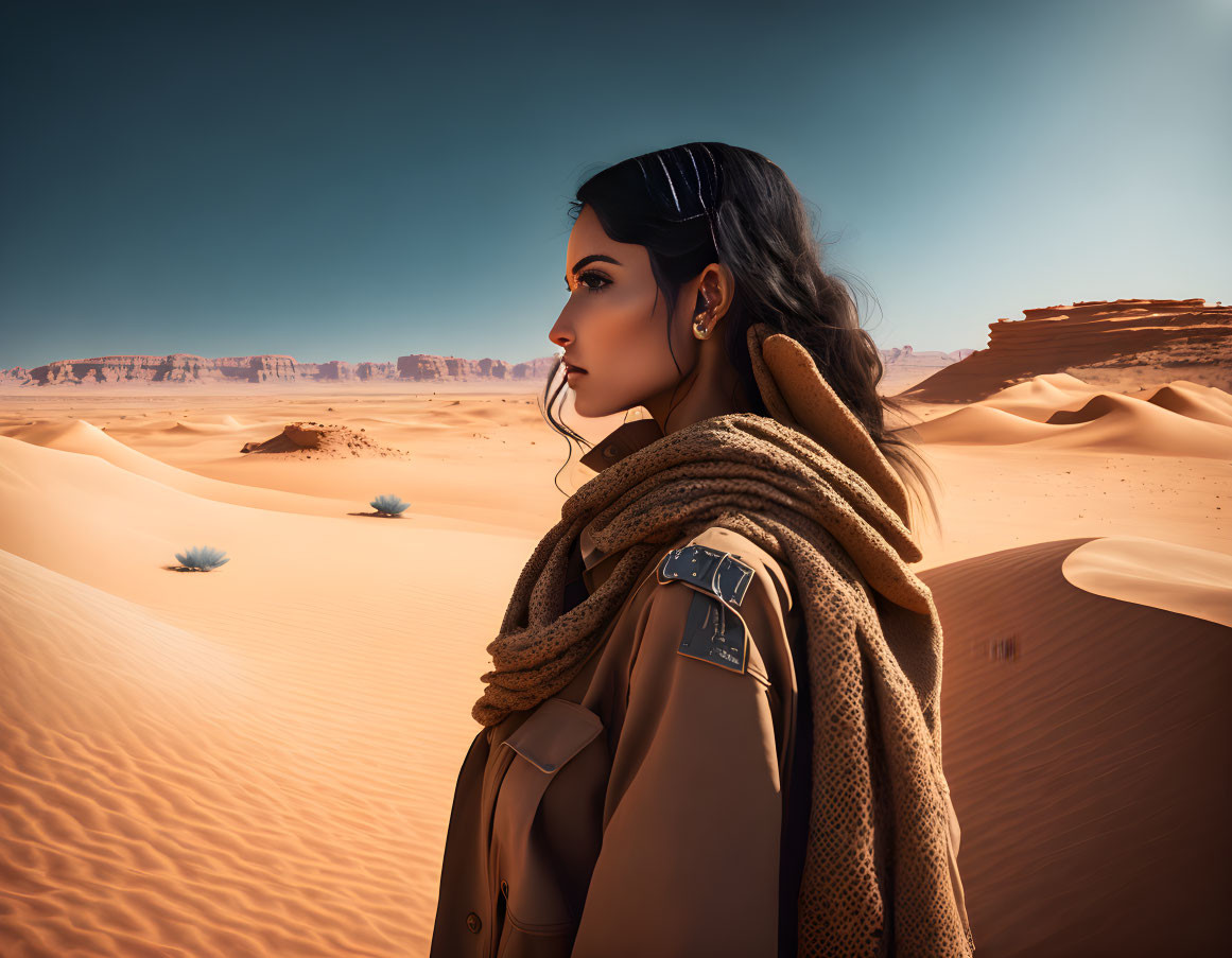 Stylish woman in coat gazes at desert dunes under clear sky