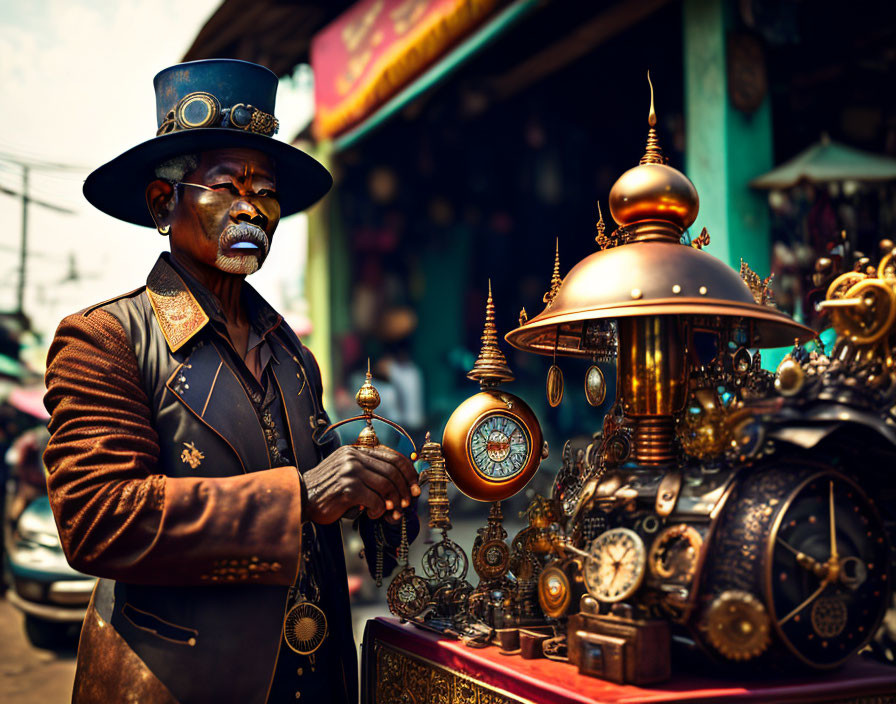 Steampunk-themed man with top hat and brass gadgets on table.