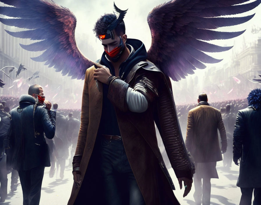 Stylized portrait of figure with black wings, mask, trench coat in eerie crowd