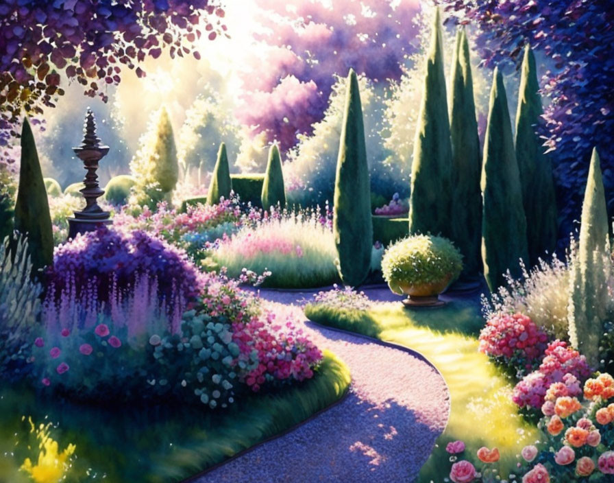 Vibrant flower-lined garden pathway under soft, magical light