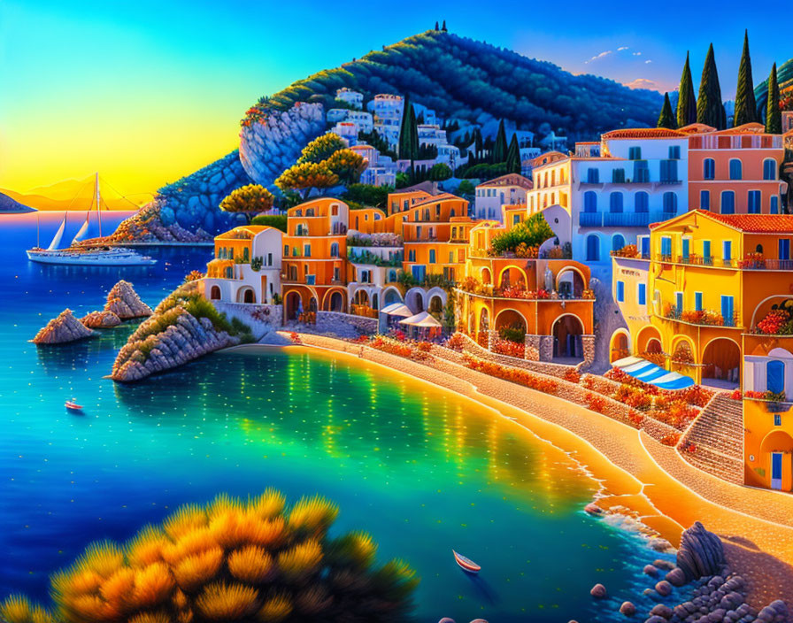 Colorful Coastal Sunset Scene with Buildings, Bay, Boats, and Hillside