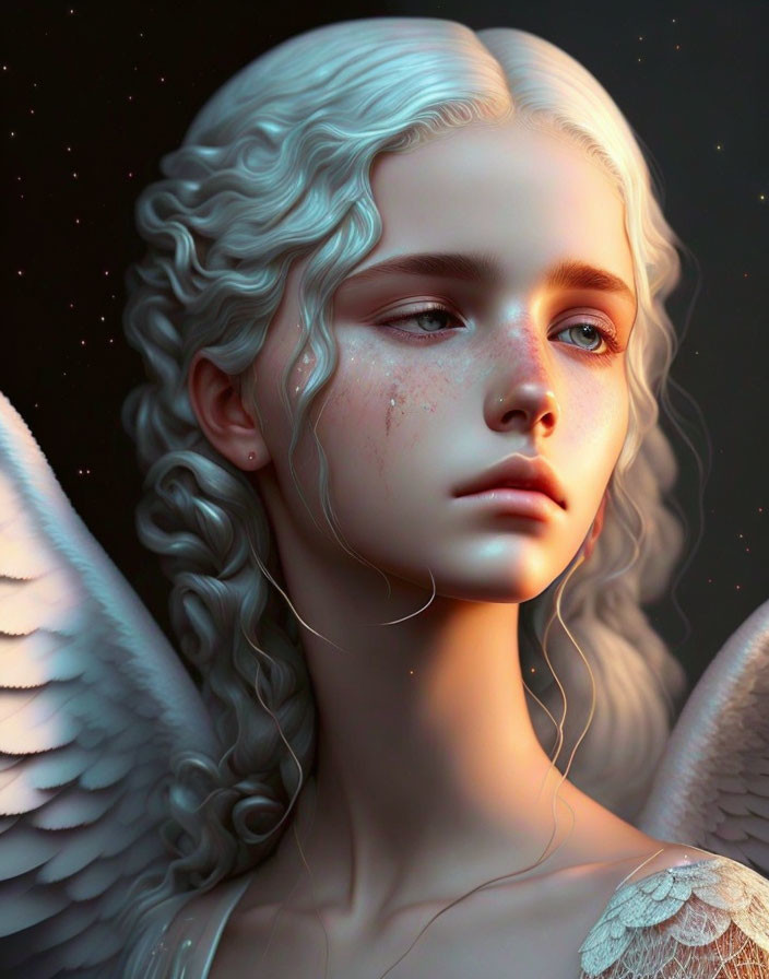 Angelic figure with white wings and platinum hair in cosmic setting