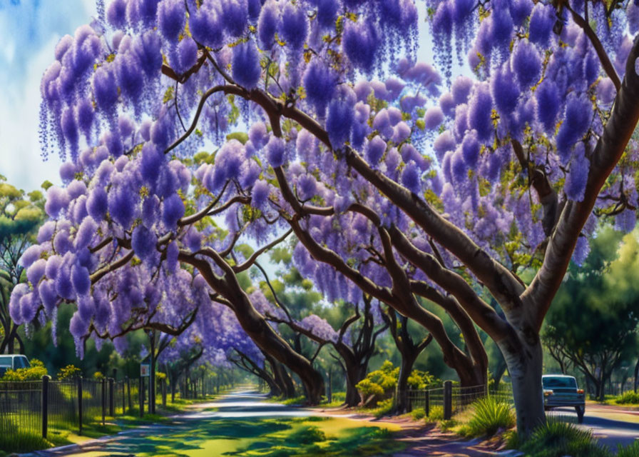 Blooming purple wisteria trees on a vibrant street with shadows, fence, and cars