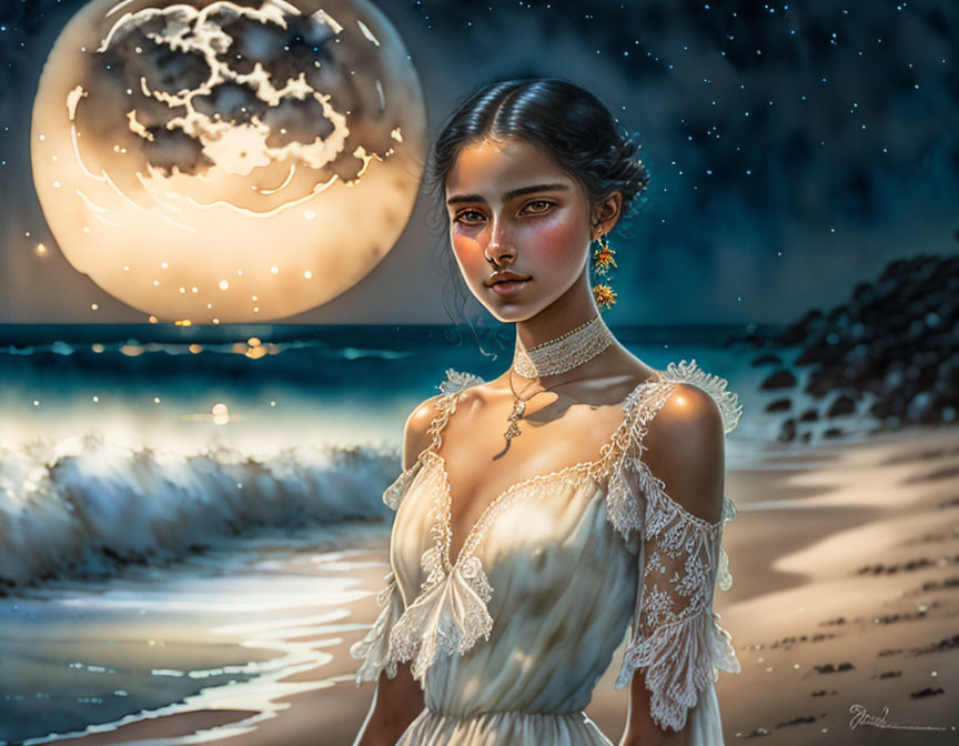 Detailed painting of a woman in vintage dress under moonlit beach