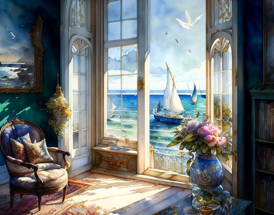 Vintage armchair, bookshelf, sea view with sailboats & birds in cozy room