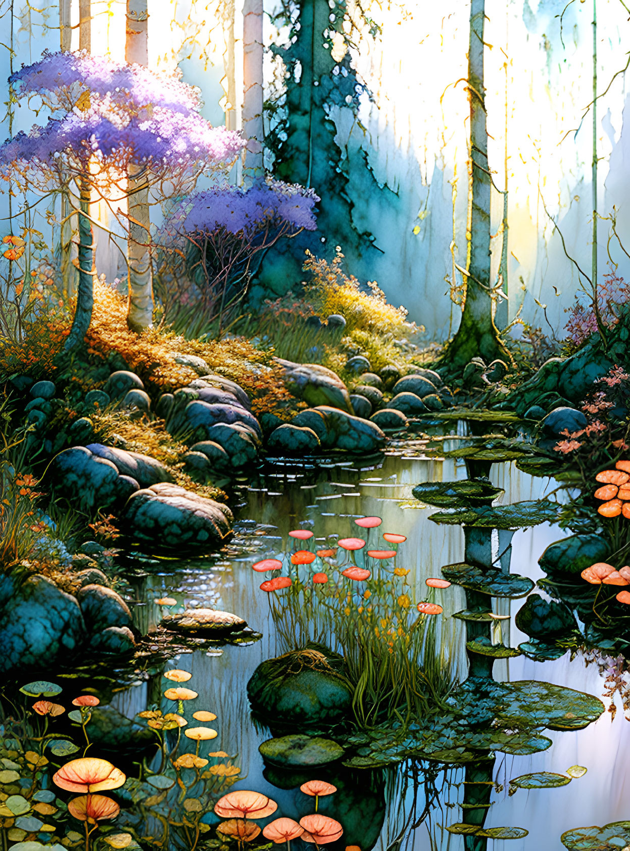 Enchanted forest with serene stream and colorful flora