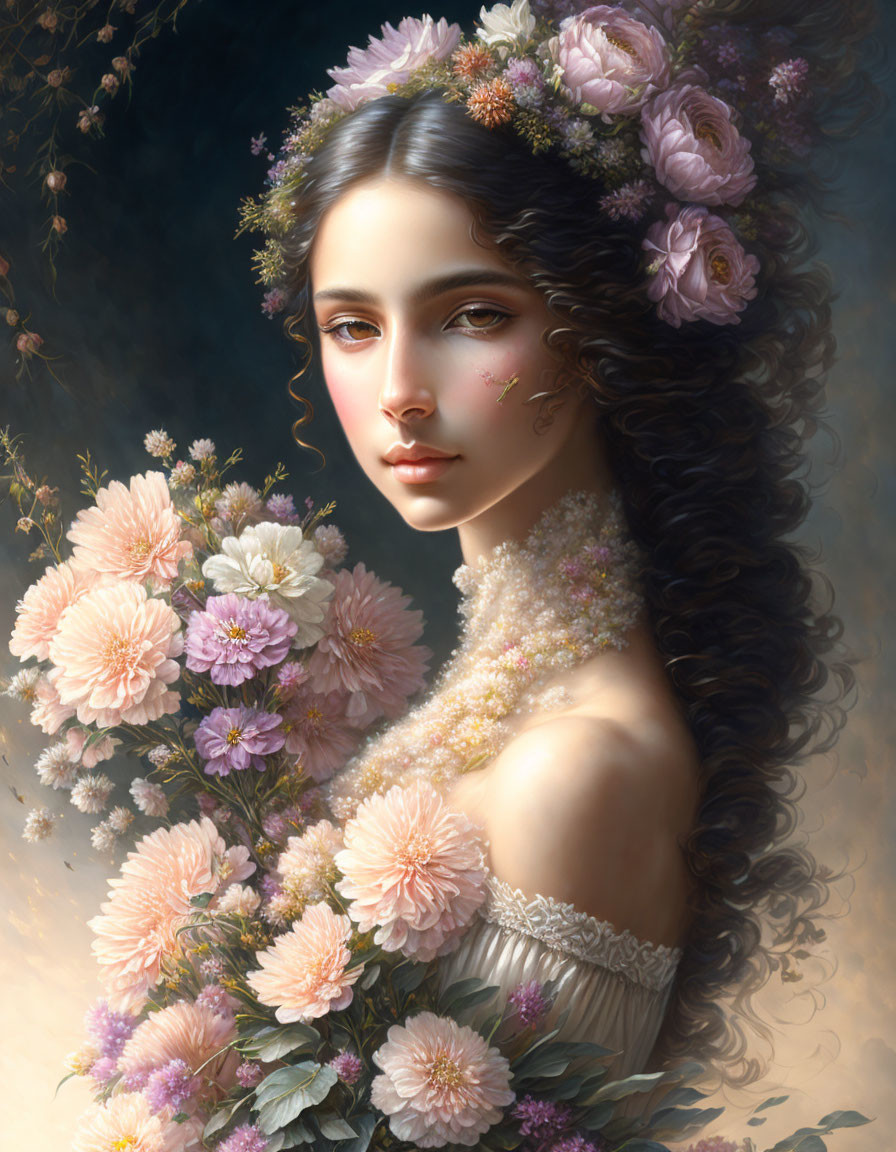 Woman with Long, Curly Hair and Flower Crown Among Pastel Blooms