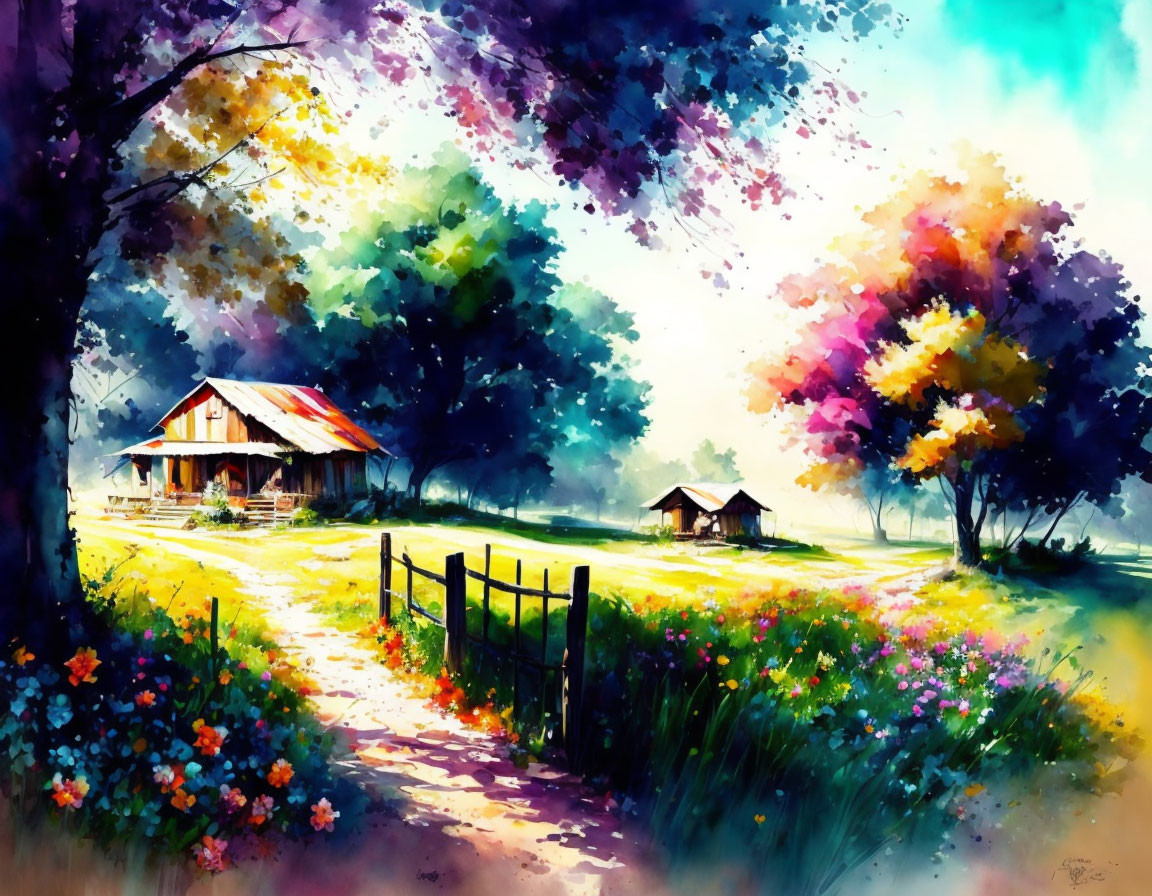 Colorful Watercolor Painting of Rural Landscape with Path and Cottages