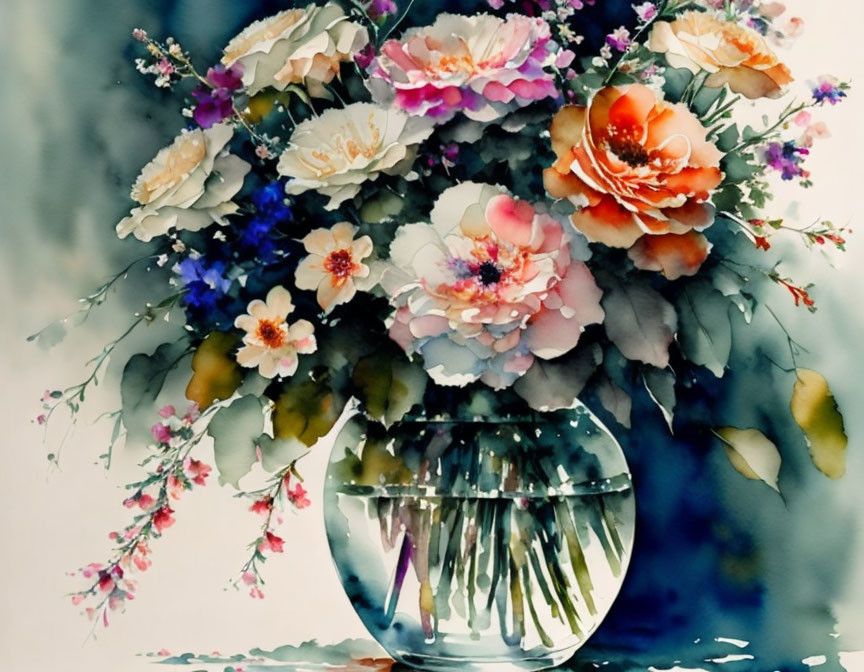 Colorful Watercolor Painting of Lush Flower Bouquet in Glass Vase