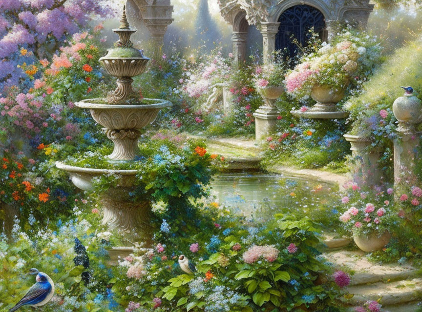 Serene garden scene with stone fountain, blooming flowers, and peacocks in dappled