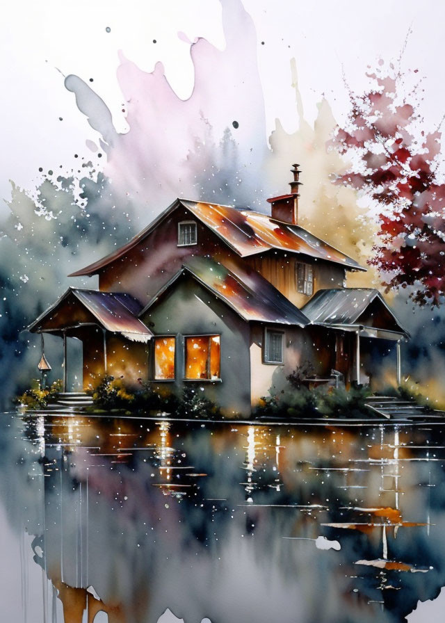 Cozy house watercolor painting with warm lights and abstract surroundings