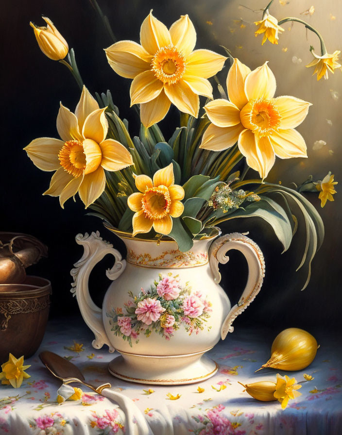 Classic white vase with pink floral motifs and vibrant yellow daffodils on patterned surface
