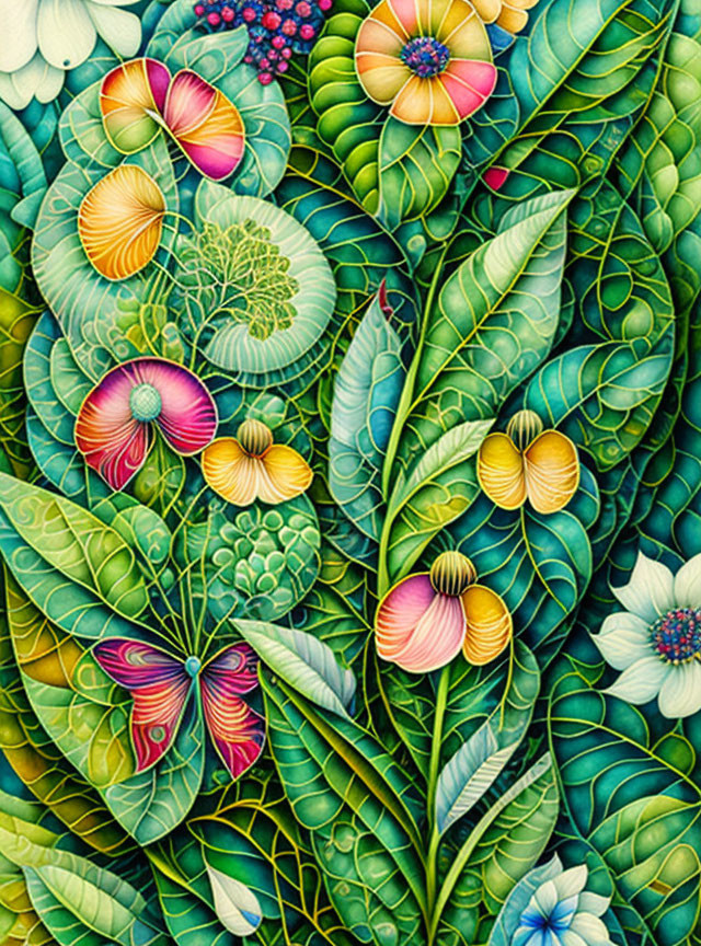 Vibrant foliage and butterfly in stylized illustration