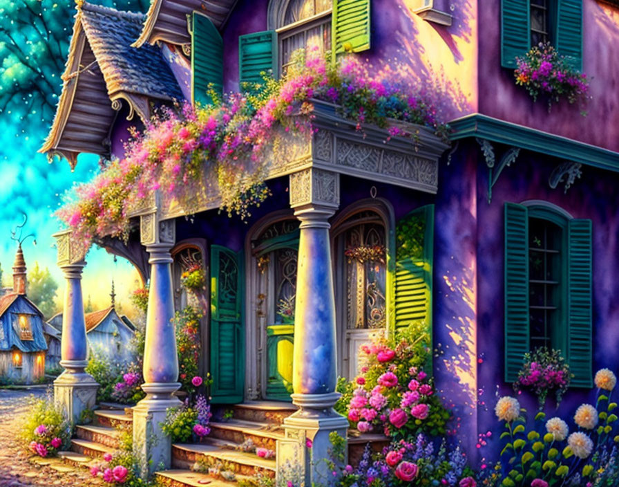 Colorful whimsical illustration of a quaint purple house with vibrant flowers