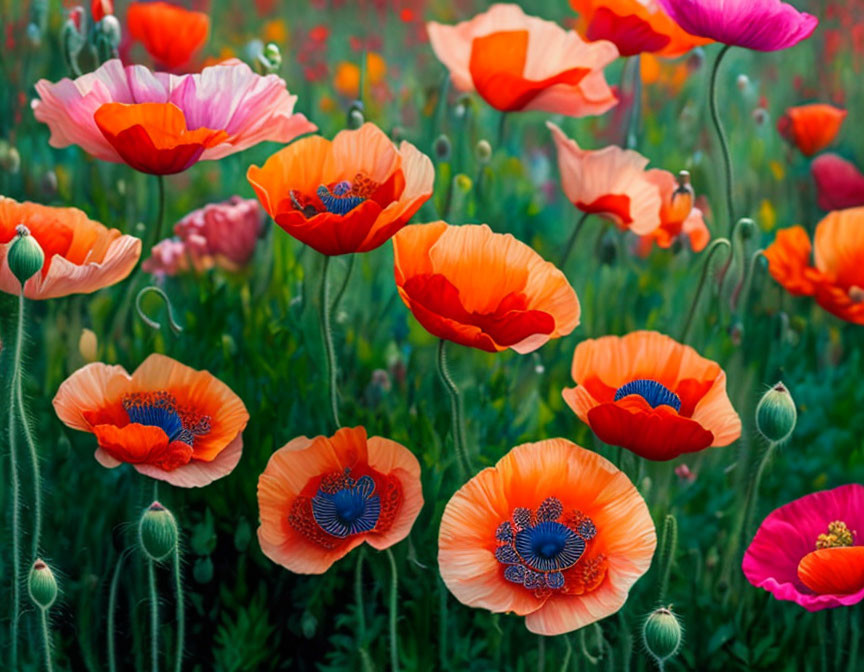 Colorful Poppy Flowers Blooming in Lush Greenery