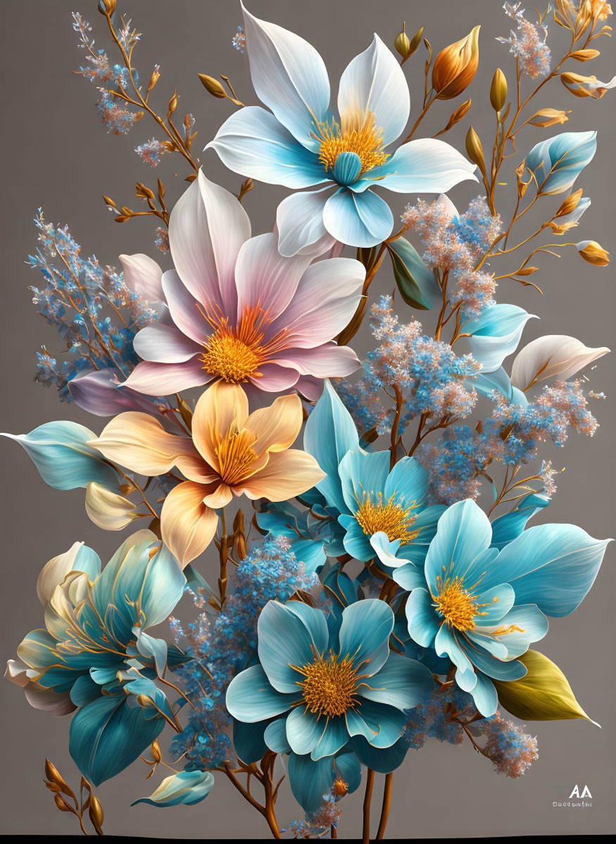 Detailed Vibrant Blue and Pink Flower Illustration on Grey Background