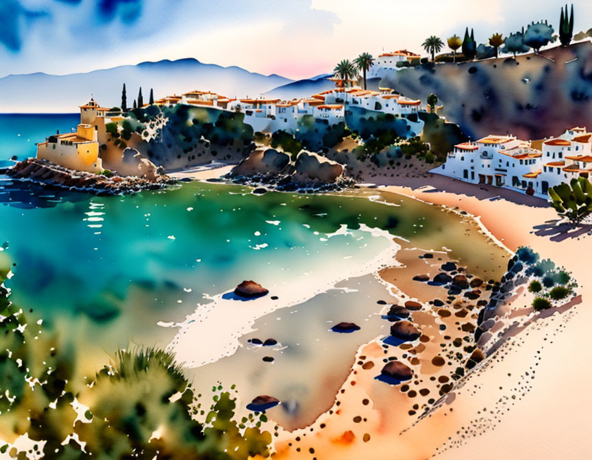 Scenic Watercolor Illustration of Coastal Village