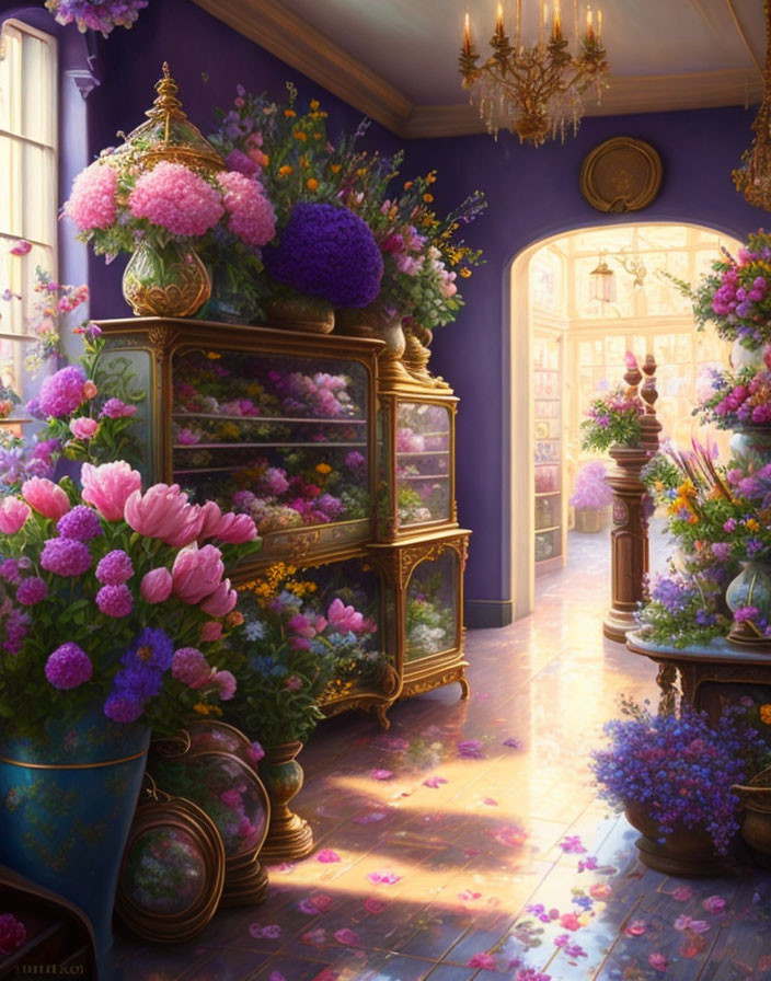 Sunlit Room with Lavender Walls and Floral Decor